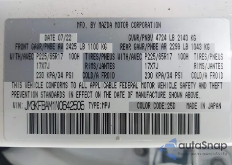 2022 Mazda Cx-5 2.5 S z USA, uszkodzony, nr VIN JM3KFBAM1N0642505